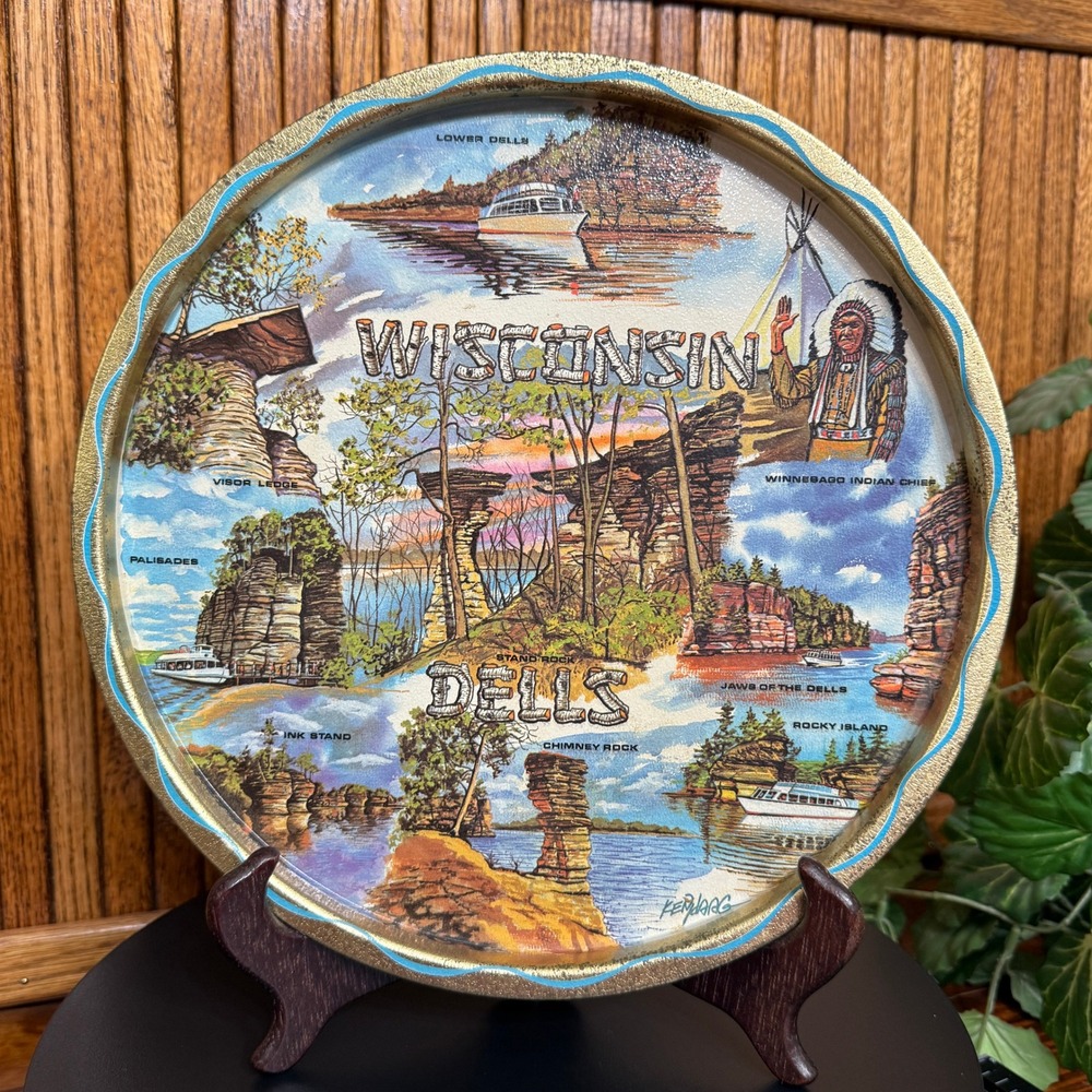 Ken Haag Wisconsin Dells Souvenir Tray 11in Multicolor Good Vintage Metal